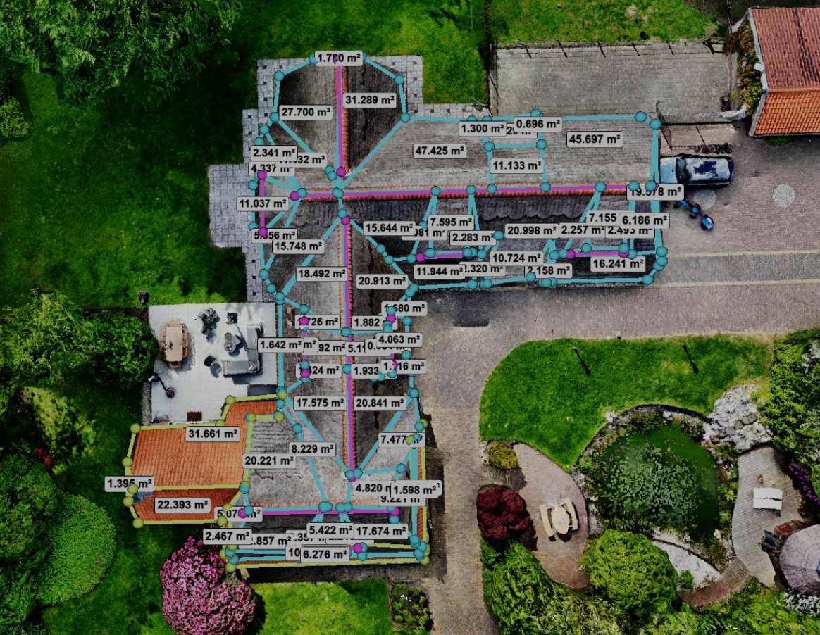 3D-model van een rieten dak — bovenaanzicht met per dakvlak ingemeten oppervlakte en noklijnen